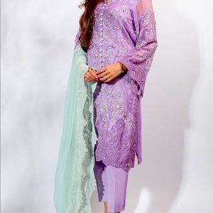 Lilac Embroidered Women's Dress with Mint Scarf